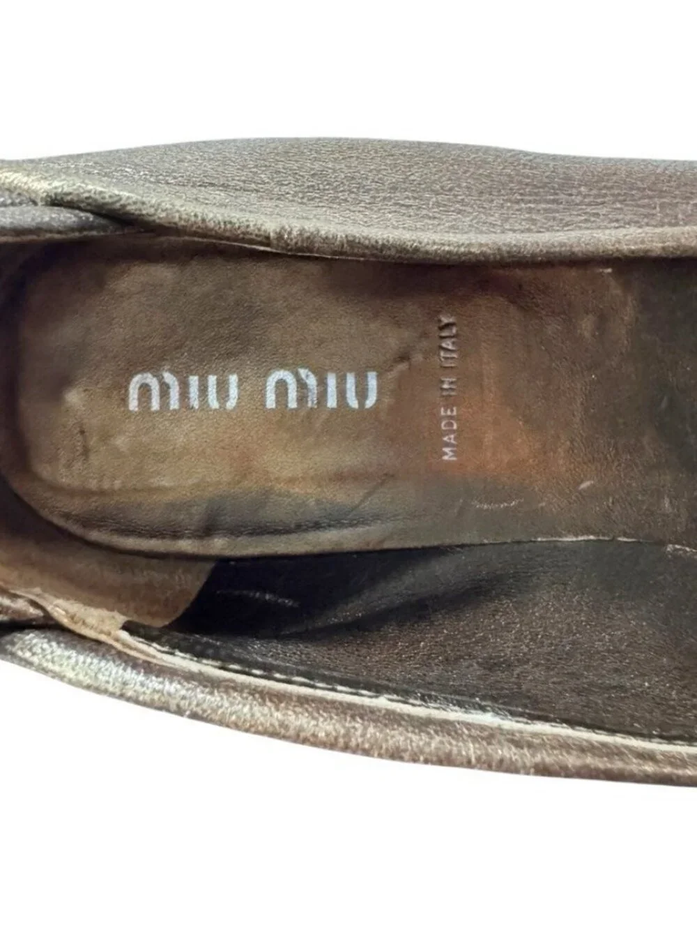 VTG Miu Miu Women's Sz 37.5 US 7 Metallic Bronze Gold Bow Detail Ballet Flats